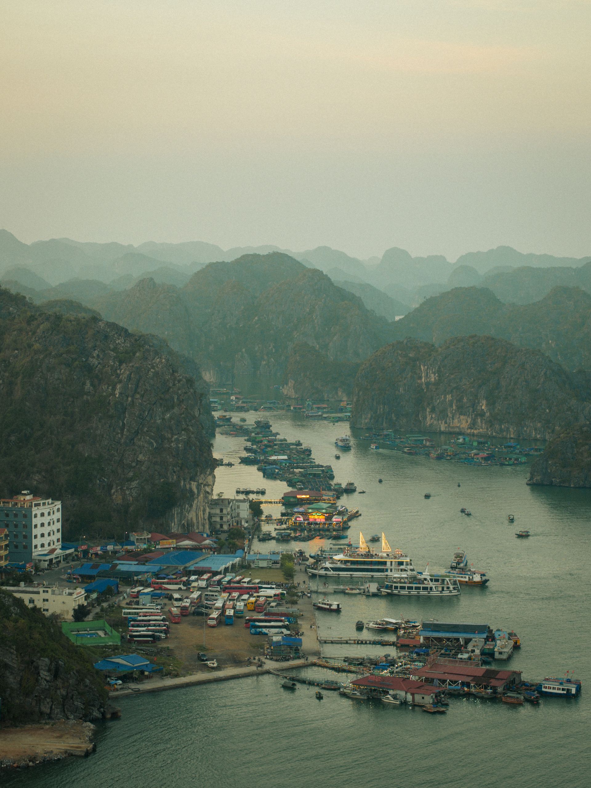 Lan Ha Bay seen from above with boats and limestone islands